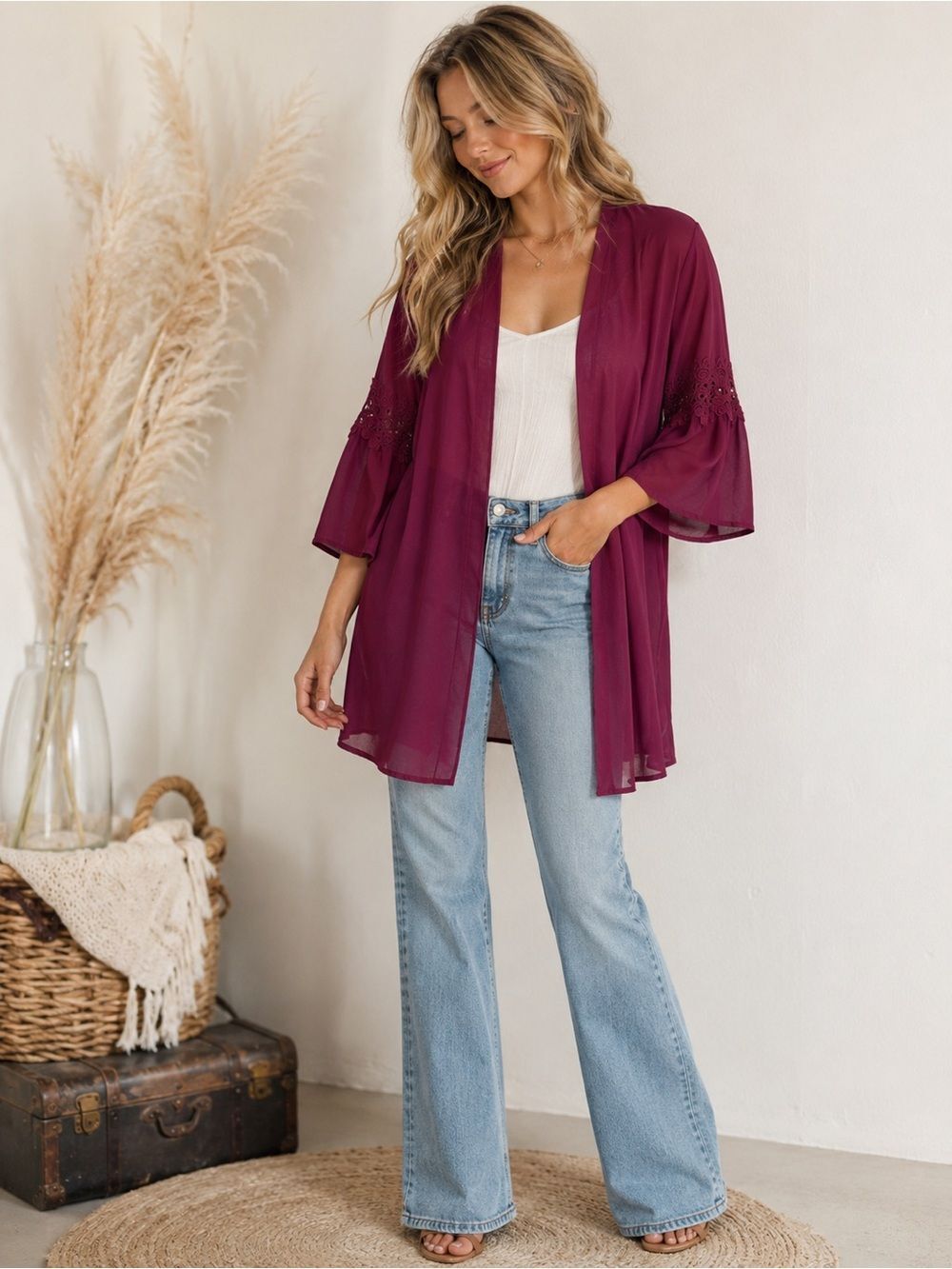 Anthropologie Ember Burgundy Boho Chic Open-Front Kimono Sleeve Top